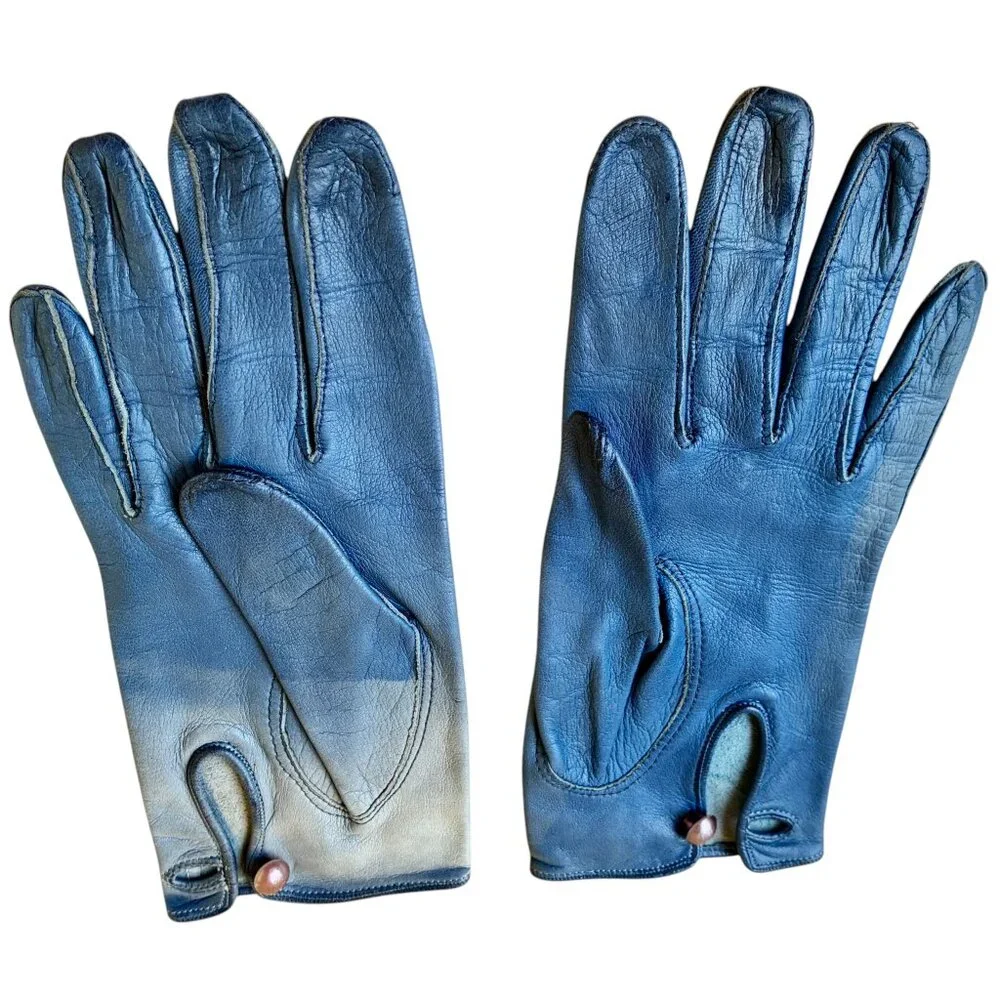 Vintage 70's Blue Leather Gloves Button Womens 7 DAMAGED